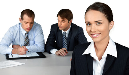 Businesswoman and Talking Collaborators in Background - Isolated