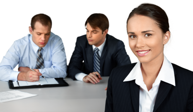 Businesswoman and Talking Collaborators in Background - Isolated