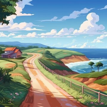 During sunny weather, view ocean from rural coastal road. (Illustration, Generative AI)