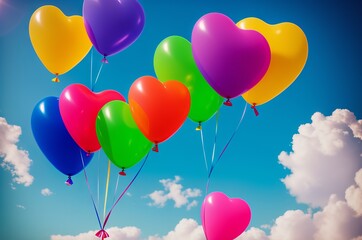 Obraz na płótnie Canvas Air Balloons. Bunch of colorful pink, blue, yellow, red, green heart shaped foil balloons in blue sky sunny day. Love. Holiday celebration. Valentine's Day party decoration. Birthday. Generative AI