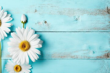 Vintage light blue hardwood background with white flowers and copy space. Generative AI