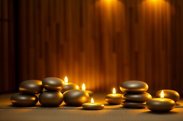 Interior with bamboo and candles for relax spa massage and body treatment. Composition with candles, spa stones and salt on wooden background. Spa and setting ready for beauty treatment. Generative AI