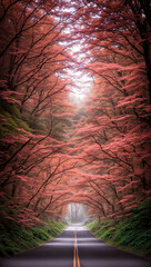 An empty road with dense pink canopy of tree foliage. Take a peaceful stroll through this picturesque tunnel of pink blossoms. Generative AI.