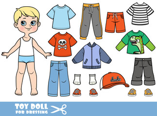 Cartoon boy with blond hair and clothes separately - knitted sweater, shorts, longsleeve, tee-shirts, cap with a visor , jeans and sneakers doll for dressing