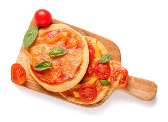 Board with tasty mini pizzas on white background