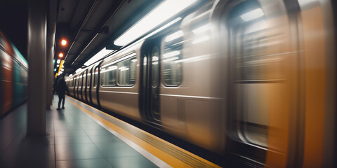 Blur of motion in a modern subway station. Urban rush and fast-paced transportation. Generative AI.