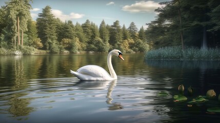 A serene white swan peacefully swimming on a calm lake surrounded by a lush forest. Generative ai