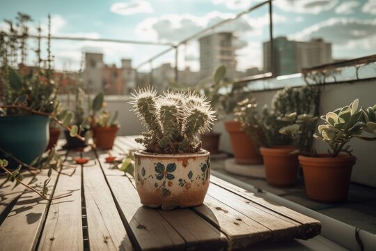 a flowering plant on a roof top during the day. Generative AI