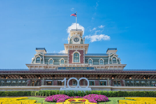 Disney 100 year celebration statues at the Magic Kingdom