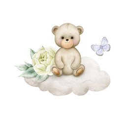 A cute teddy bear with flower sitting on a cloud.