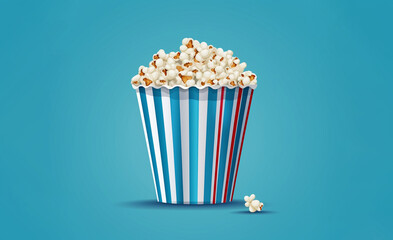 Baked Butter Popcorn into a blue striped paper cup, roasted Butter Corn Kernels Mixed with natural salt, Appetizers in the cinema or party,  Created using generative AI tools.