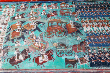Old mural with soldiers and warriors on elephants, Bundi palace, Bundi, Rajasthan, India, Asia