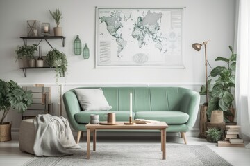 A faux poster map, a mint sofa, plants, macrame, and exquisite accessories decorate this stylish living space. shelf and green wood paneling. modern interior design. Template. Finished Generative AI