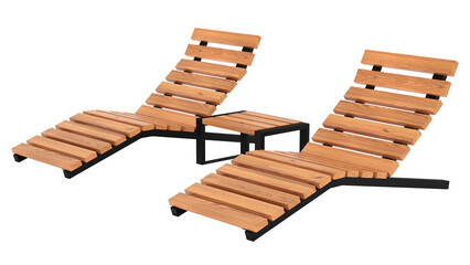 Modern deck chair made of wood and metal for sunbathing and relaxation and nature. A set of beach chairs with a table. 3d rendering. isolated