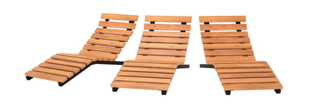 Modern deck chair made of wood and metal for sunbathing and relaxation and nature. Set of beach chairs 3d rendering. isolated