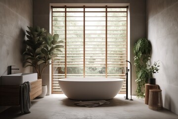 A gray bathroom with a concrete floor and a white bathtub with a sizable gray towel hanging from it. Above it is a window. corner planter with a potted plant. a mockup. Generative AI