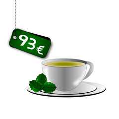 93 euro on green rectangle tag. Ninety three euro white number. White cup of tea with three green mint leaf.