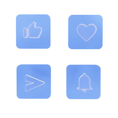 3d icon set like, love, notification and send glass color with cube blue illustration rendering