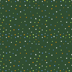 Seamless pattern with dots. Doodle round shapes endless texture on green background. Colorful vector illustration