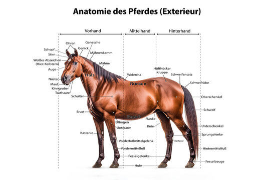 Anatomie des Pferdes (Exterieur). Generative AI mit hinzugef&uuml;gtem Text.