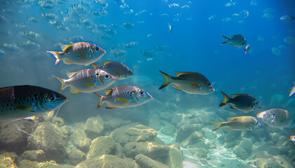 Fototapeta na wymiar fish in aquarium, blue water , Ai generated 