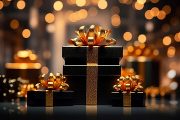 Black gift boxes with golden bows on the background of bokeh effect. Generative AI