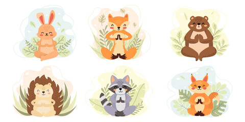 Vector set of forest animals. Cute woods animals meditating, doing yoga. Fox, squirrel, hedgehog, bear, raccoon, rabbit in cartoon style. Сollection of hand-drawn animals.T-shirt print. Children's art