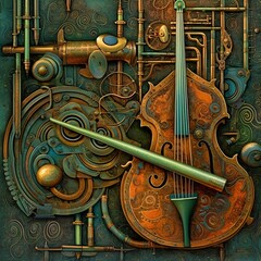 surreal steampunk relief, abstract musical pattern made of patinated copper, generative ai