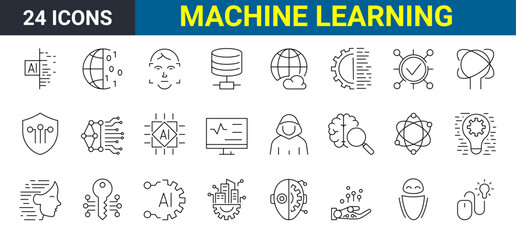 Machine learning. Artificial intelligence set of 36 web icons in line style. AI technology icons for web and mobile app. digital AI technology, algorithm, smart robotic and cloud computing network