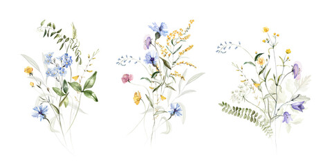Wild field herbs flowers plants. Watercolor bouquet collection - illustration with green leaves, branches and colorful buds. Wedding stationery, wallpapers, fashion, backgrounds, prints. Wildflowers. - 608423906