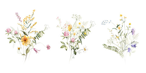 Wild field herbs flowers plants. Watercolor bouquet collection - illustration with green leaves, branches and colorful buds. Wedding stationery, wallpapers, fashion, backgrounds, prints. Wildflowers.