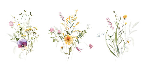 Wild field herbs flowers plants. Watercolor bouquet collection - illustration with green leaves, branches and colorful buds. Wedding stationery, wallpapers, fashion, backgrounds, prints. Wildflowers.