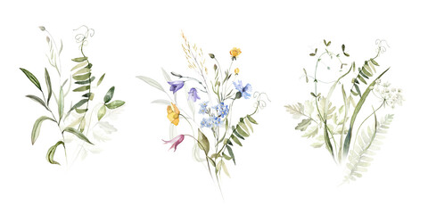Obraz na płótnie Canvas Wild field herbs flowers plants. Watercolor bouquet collection - illustration with green leaves, branches and colorful buds. Wedding stationery, wallpapers, fashion, backgrounds, prints. Wildflowers.