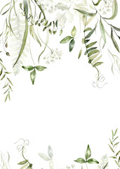 Wild field herbs flowers. Watercolor border frame - illustration with green leaves, branches and colorful buds. Wedding stationery, wallpapers, fashion, backgrounds, textures. Wildflowers. - 608423929