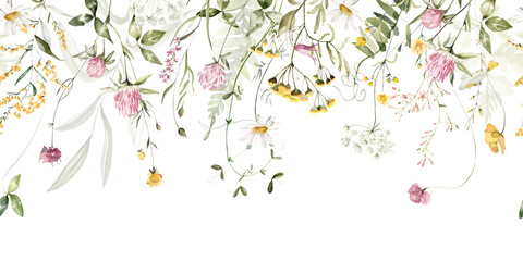 Obraz na płótnie Canvas Wild field herbs flowers. Watercolor seamless border - illustration with green leaves, pink yellow buds and branches. Wedding stationery, wallpapers, fashion, backgrounds, textures. Wildflowers.