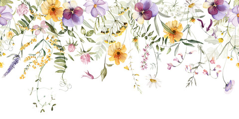 Wild field herbs flowers. Watercolor seamless border - illustration with green leaves, purple yellow buds and branches. Wedding stationery, wallpapers, fashion, backgrounds, textures. Wildflowers.