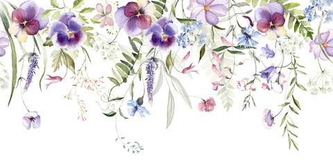 Wild field herbs flowers. Watercolor seamless border - illustration with green leaves, purple pink buds and branches. Wedding stationery, wallpapers, fashion, backgrounds, textures. Wildflowers.