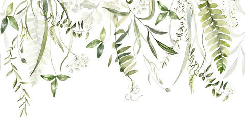 Wild field herbs plants. Watercolor seamless border - illustration with green leaves and branches. Wedding stationery, greetings, wallpapers, fashion, backgrounds, textures. Wildflowers.