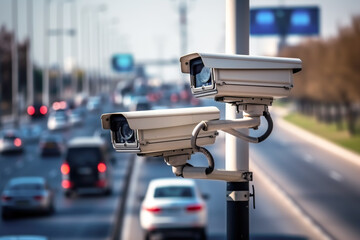 A modern surveillance camera in front of a busy road with many cars Generative IA