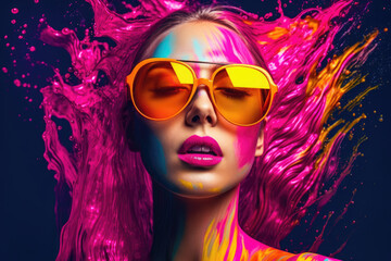 Portrait of a woman with yellow sunglasses and pink paint in the background. AI generative art