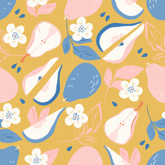 Fototapeta premium Pears seamless vector pattern. Pears, flowers and leaves on yellow ground. Summer fruit hand drawn style illustration for greeting card, fabric, wallpaper or wrapping paper