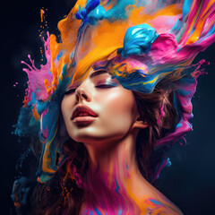 Fototapeta premium Portrait of a woman with multicolored paints splashing around her head. AI generative art