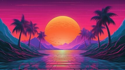 A picturesque sunset landscape with palm trees. Generative ai