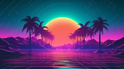 Fototapeta premium A beautiful sunset with palm trees in the foreground. Generative ai