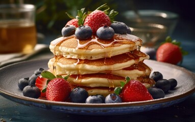 Tasty Pancakes with Maple Syrup, Fresh Strawberries and Blueberries. AI generate