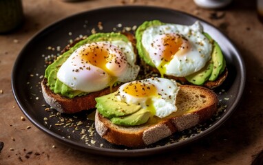 Nutritious breakfast. A toasted slice of whole wheat bread topped with avocado slices and sunny-side-up egg. Generative AI