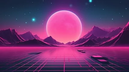  A surreal landscape with pink moon and majestic mountains. Generative ai © LabirintStudio