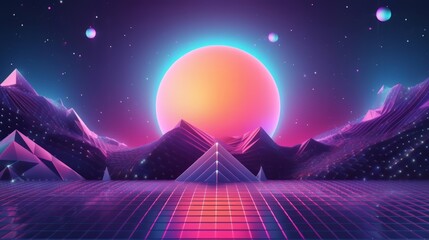 A surreal futuristic landscape with pink sun and palm trees. Generative ai