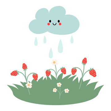 Cute flat vector illustration of a meadow, strawberries and funny cloud. Nice idea for kids books.