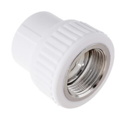 clamping fittings of metal-plastic pipes on a white background chrome, bronze and plastic